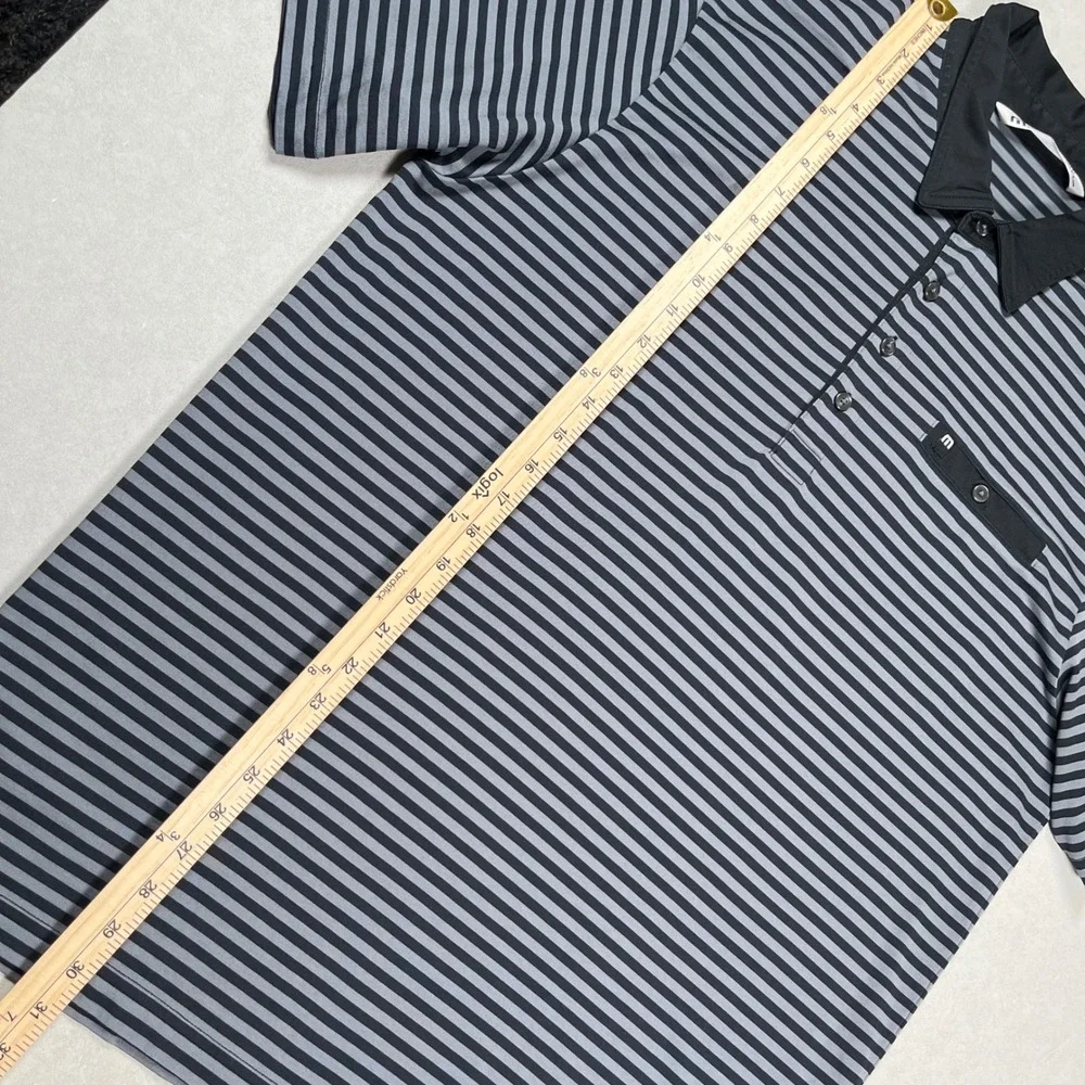 Travis Mathew Polo Shirt Men XL Black Grey Striped Short Sleeve Pima Cotton Logo